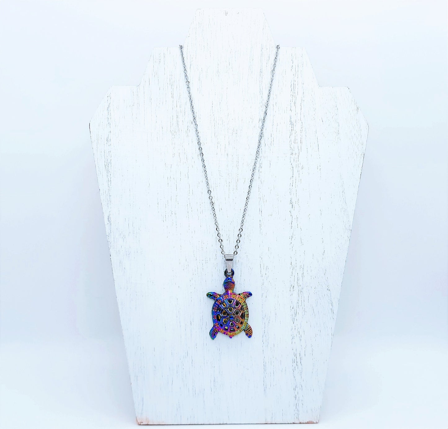 Rainbow Chromium Metal Sea Turtle Pendant Necklace - 19 Inch Stainless Steel Hypoallergenic Chain - Lobster Claw Closure - Alloy Pendant