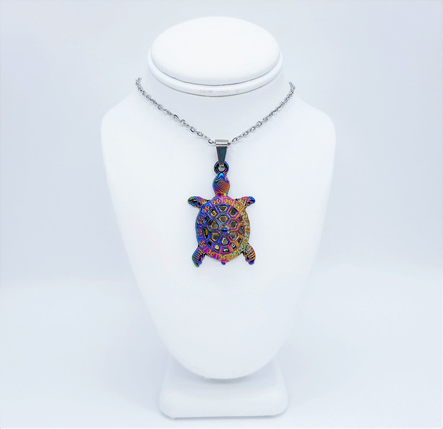 Rainbow Chromium Metal Sea Turtle Pendant Necklace - 19 Inch Stainless Steel Hypoallergenic Chain - Lobster Claw Closure - Alloy Pendant