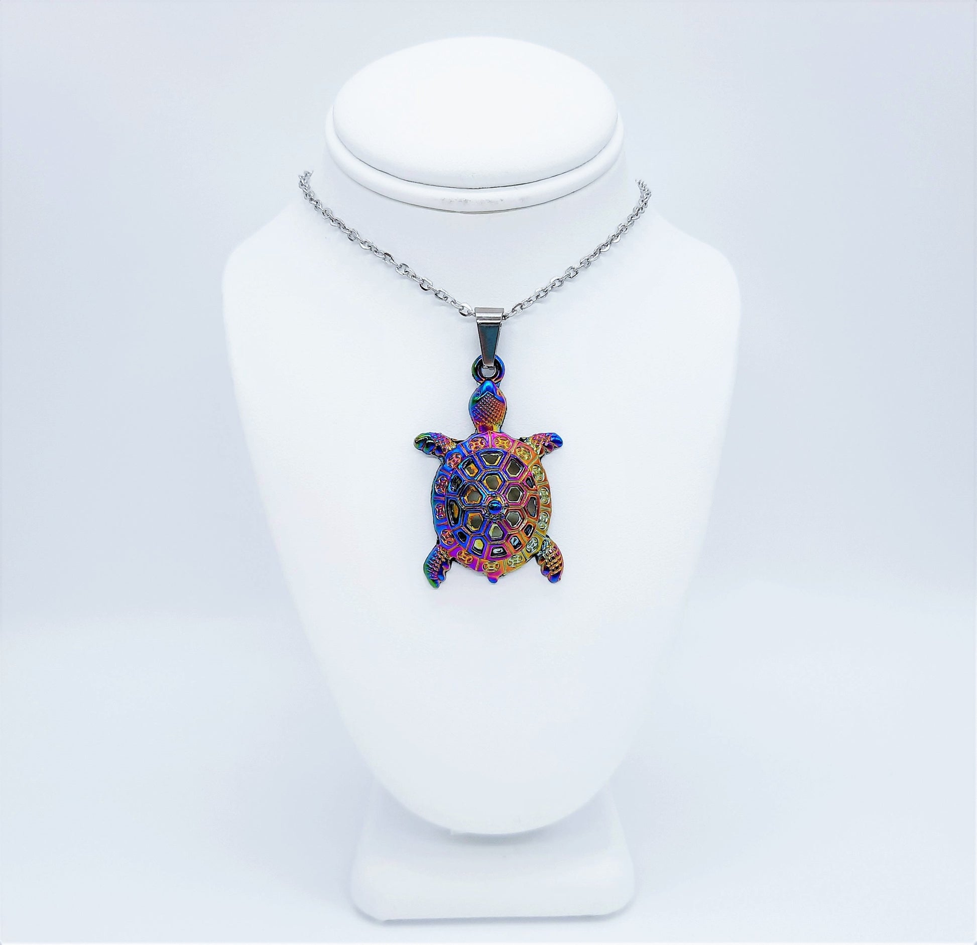 Rainbow Chromium Metal Sea Turtle Pendant Necklace - 19 Inch Stainless Steel Hypoallergenic Chain - Lobster Claw Closure - Alloy Pendant