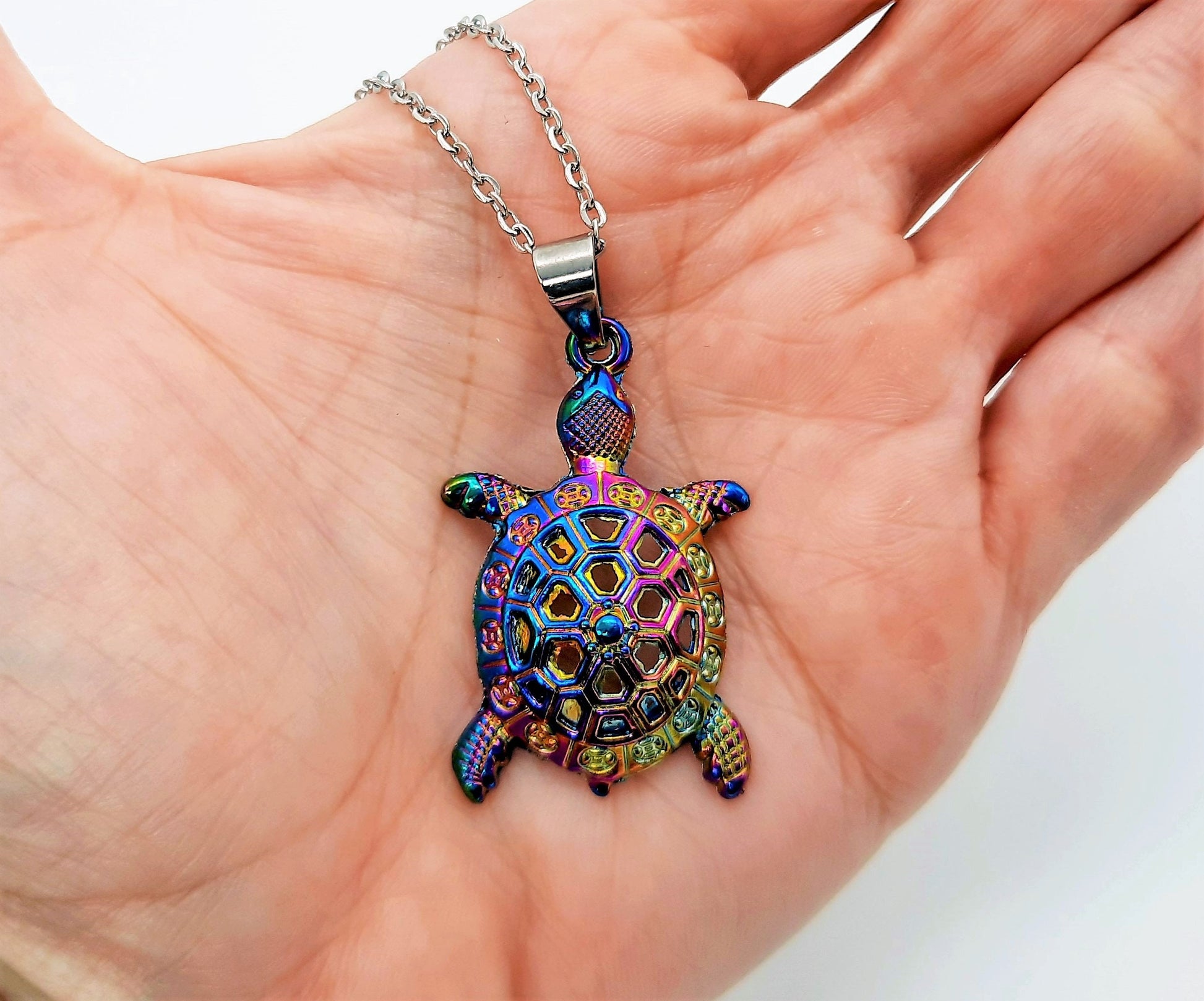 Rainbow Chromium Metal Sea Turtle Pendant Necklace - 19 Inch Stainless Steel Hypoallergenic Chain - Lobster Claw Closure - Alloy Pendant