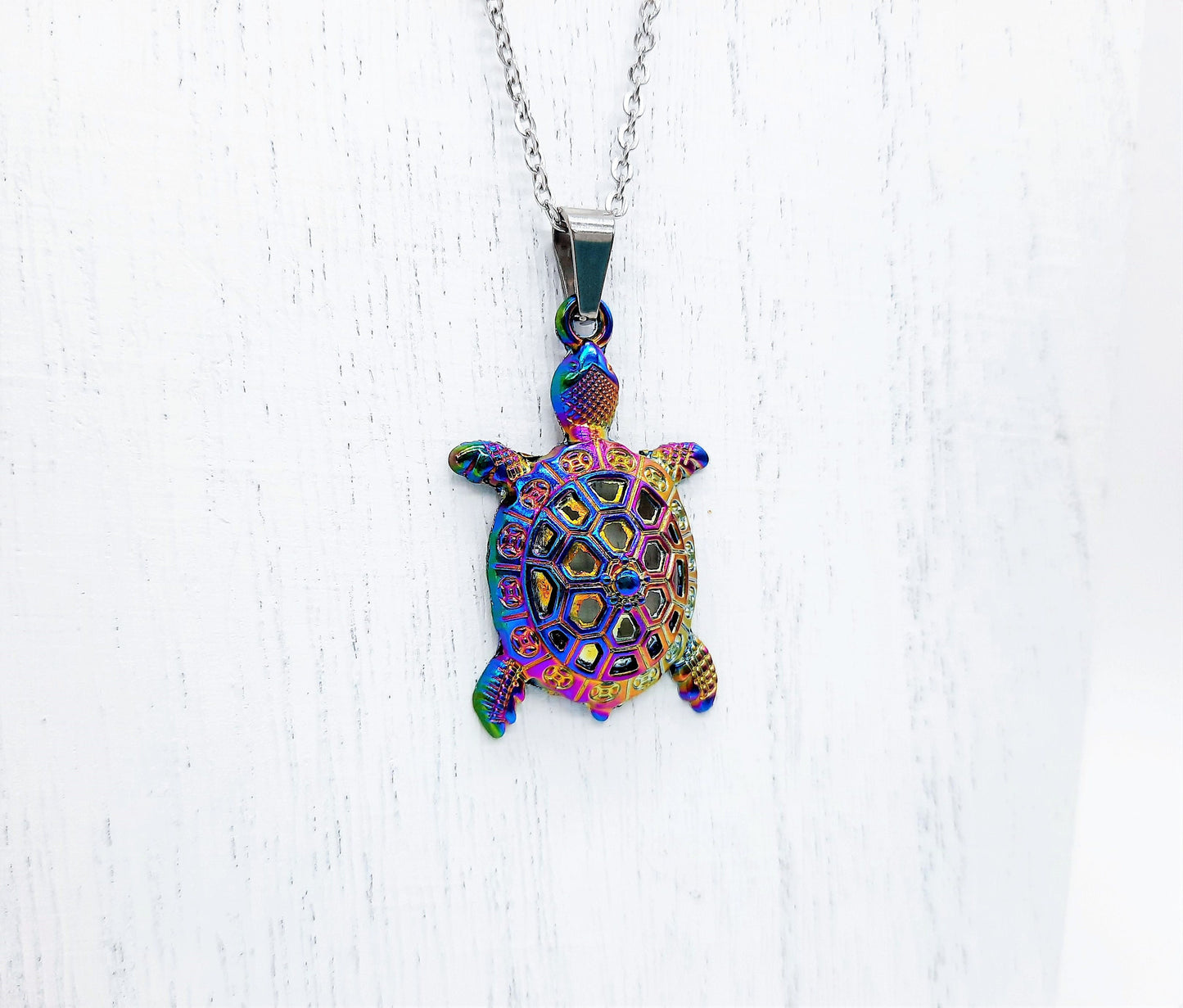 Rainbow Chromium Metal Sea Turtle Pendant Necklace - 19 Inch Stainless Steel Hypoallergenic Chain - Lobster Claw Closure - Alloy Pendant