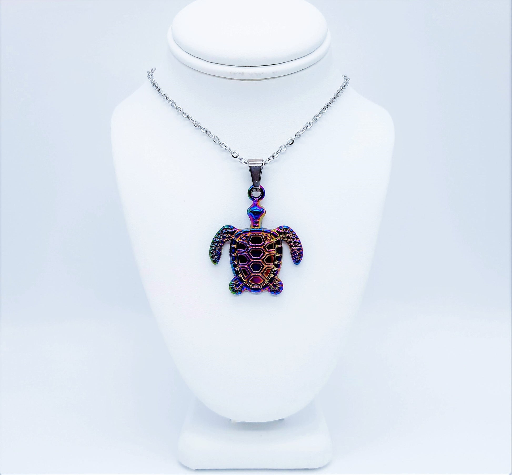 Rainbow Chromium Metal Sea Turtle / Tortoise Necklace - 19" Stainless Steel Hypoallergenic Chain - Lobster Claw Closure - Alloy Pendant
