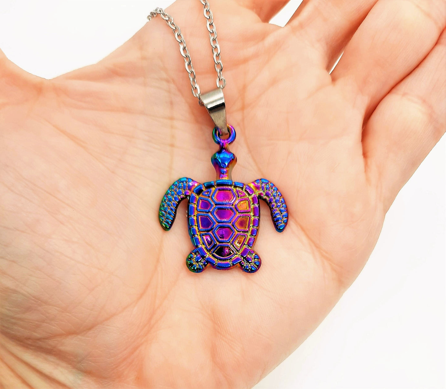 Rainbow Chromium Metal Sea Turtle / Tortoise Necklace - 19" Stainless Steel Hypoallergenic Chain - Lobster Claw Closure - Alloy Pendant