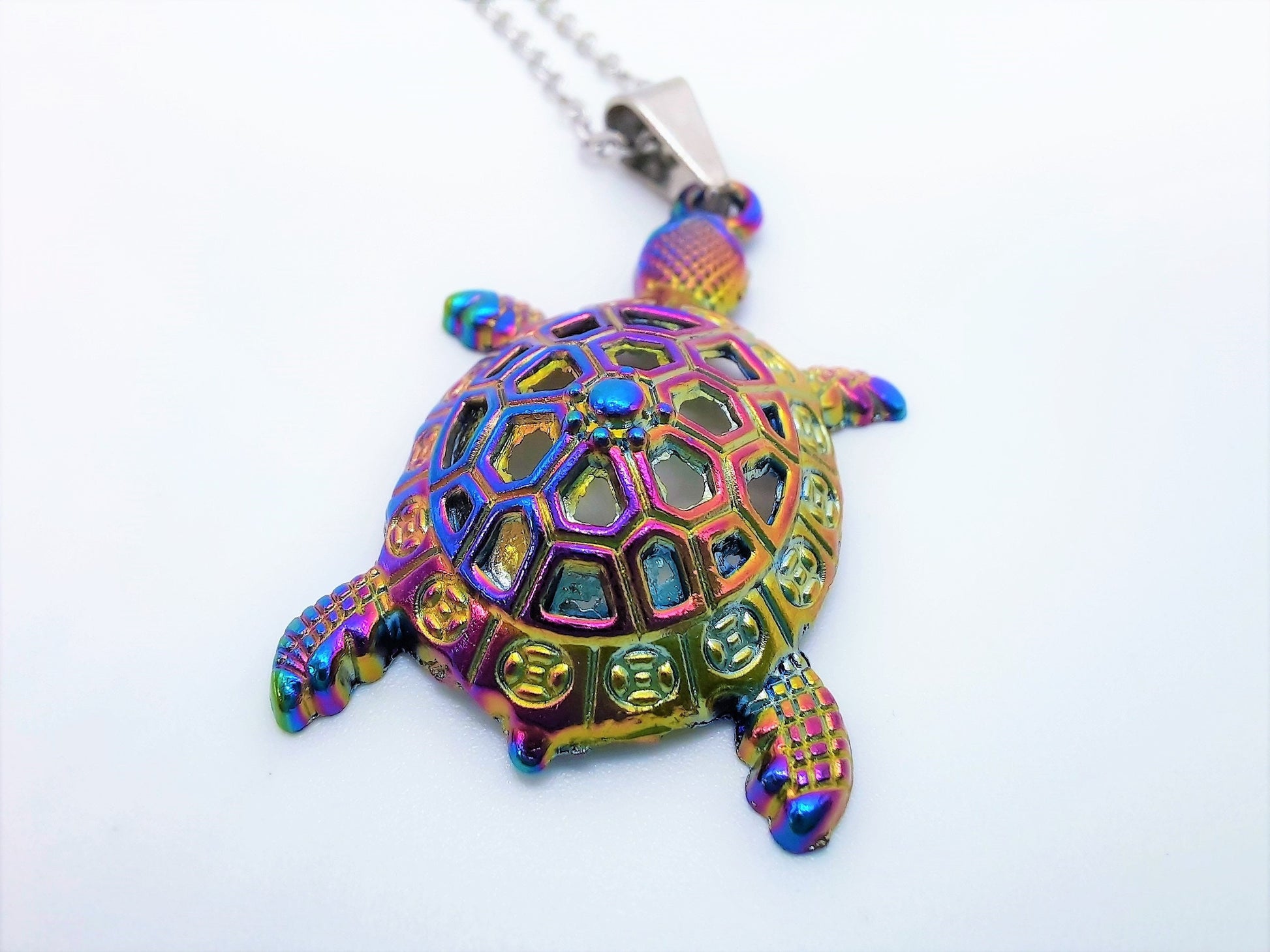 Rainbow Chromium Metal Sea Turtle Pendant Necklace - 19 Inch Stainless Steel Hypoallergenic Chain - Lobster Claw Closure - Alloy Pendant