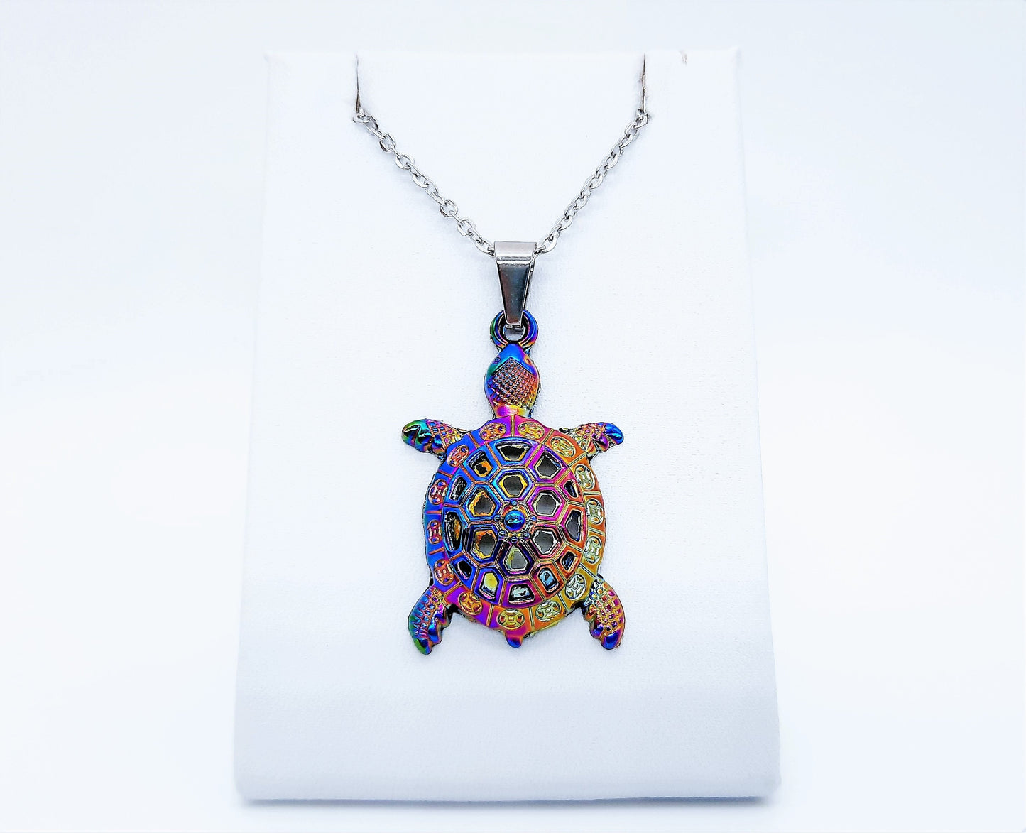 Rainbow Chromium Metal Sea Turtle Pendant Necklace - 19 Inch Stainless Steel Hypoallergenic Chain - Lobster Claw Closure - Alloy Pendant