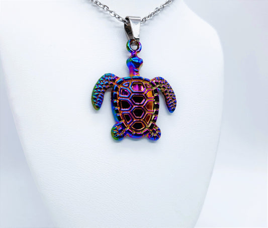 Rainbow Chromium Metal Sea Turtle / Tortoise Necklace - 19" Stainless Steel Hypoallergenic Chain - Lobster Claw Closure - Alloy Pendant